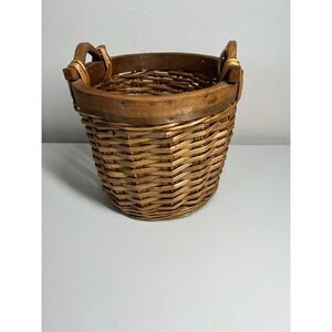 Woven Wicker Straw Basket Lacquered 2 Wooden Handles & Wood Edge